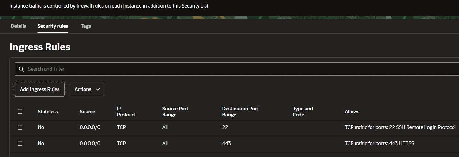 OCI ingress rules with ports 22 and 443 allowed from 0.0.0.0/0