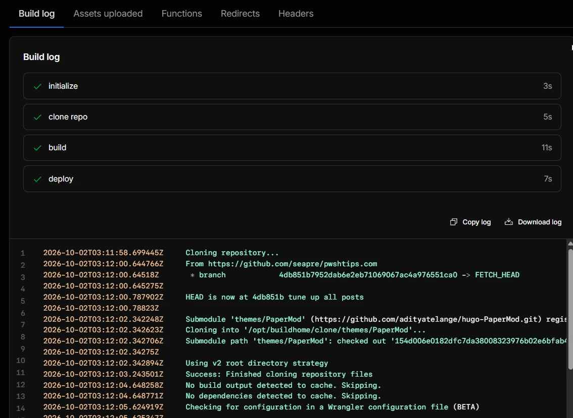 Real Cloudflare Pages build log showing successful deployment