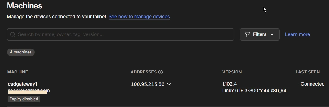 Tailscale admin panel showing cadgateway1 connected with key expiry disabled