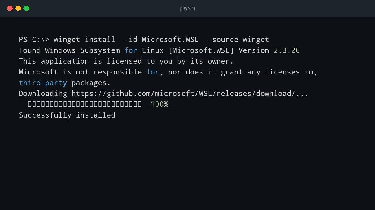 Terminal showing winget installing the Windows Subsystem for Linux package