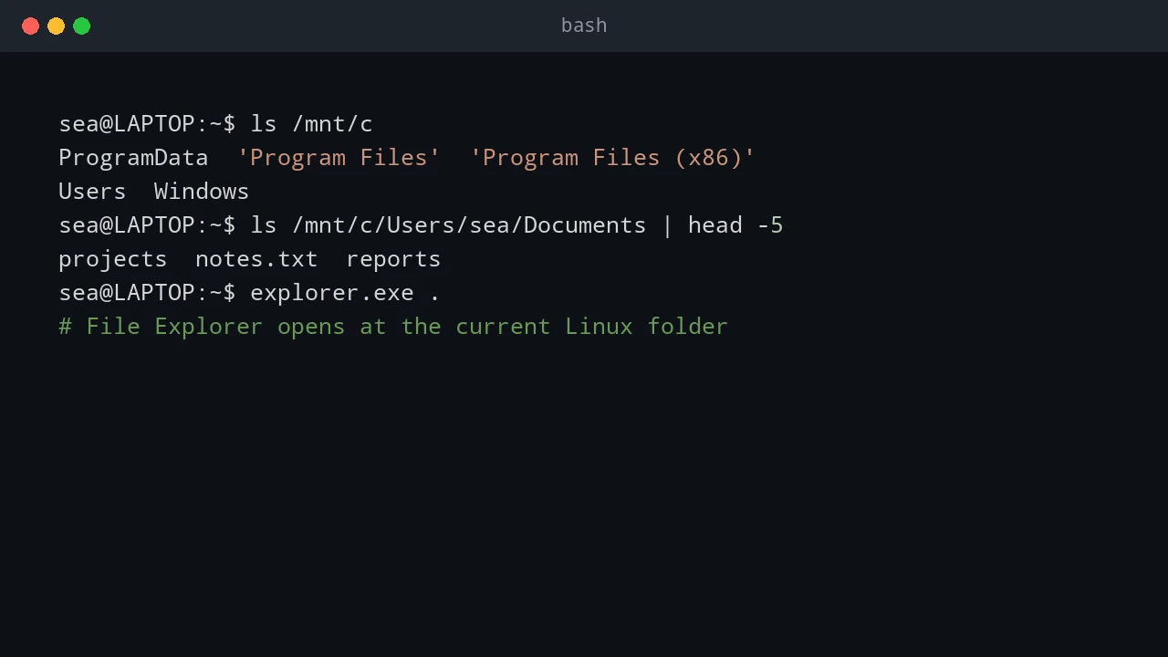 WSL terminal listing files on the Windows C: drive via /mnt/c