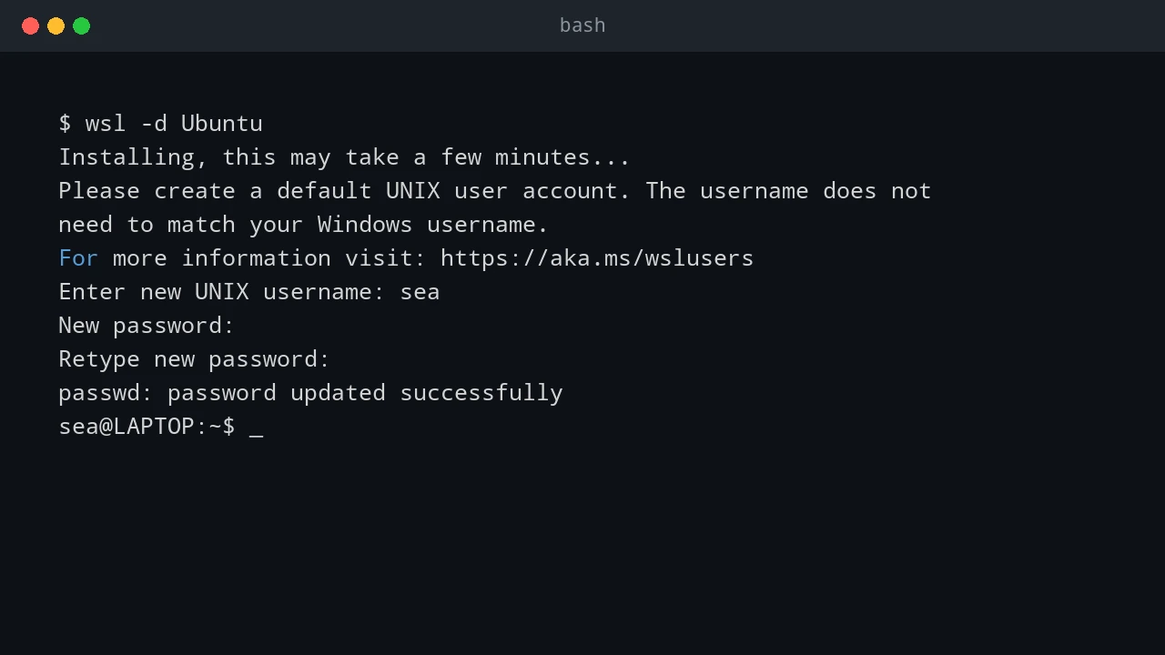 Ubuntu first-run setup prompting for a new Unix username and password
