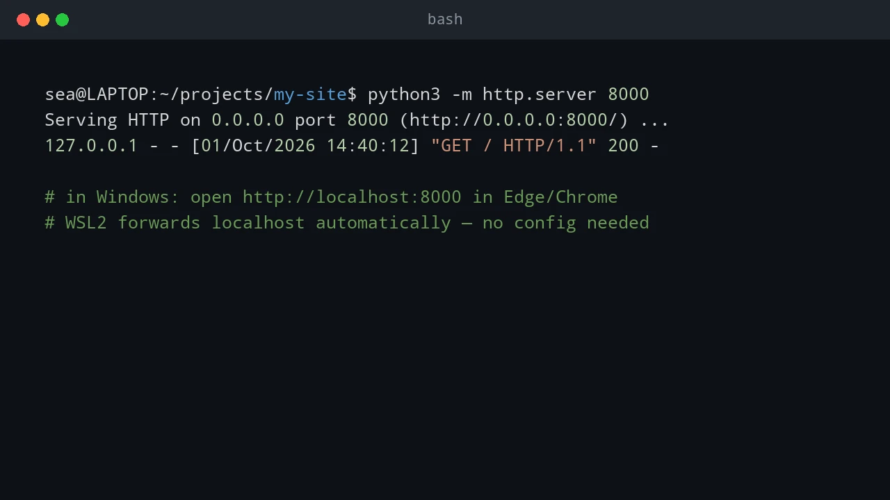 Windows browser open to localhost:8000 serving a page from the WSL Python web server