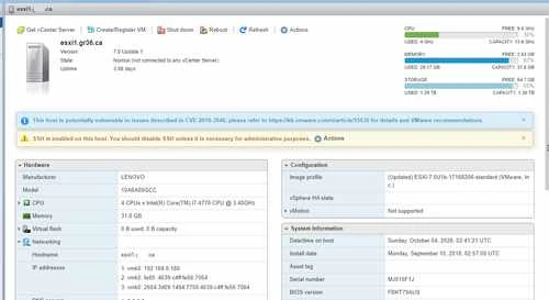 ESXi Host Client showing the 7.0 Update 1 host: i7-4770, 31.8 GB RAM, datastores 95 percent full