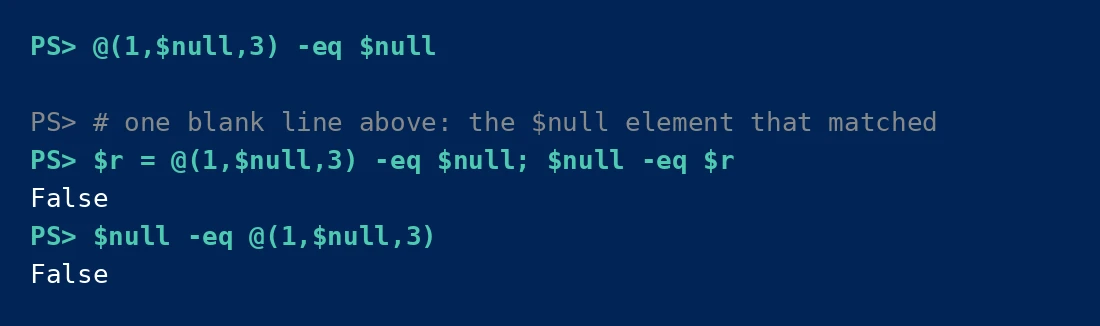 PowerShell console showing @(1,$null,3) -eq $null returning the $null element instead of a boolean