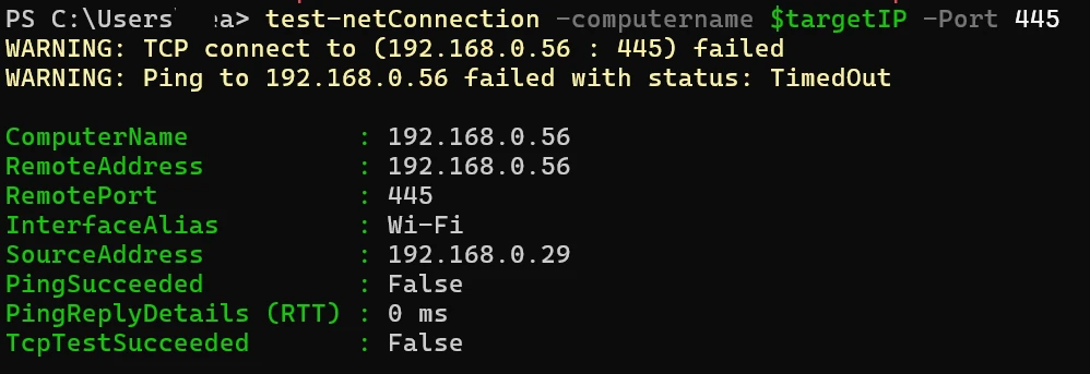 TCP connect to port 445 failed and ping timed out