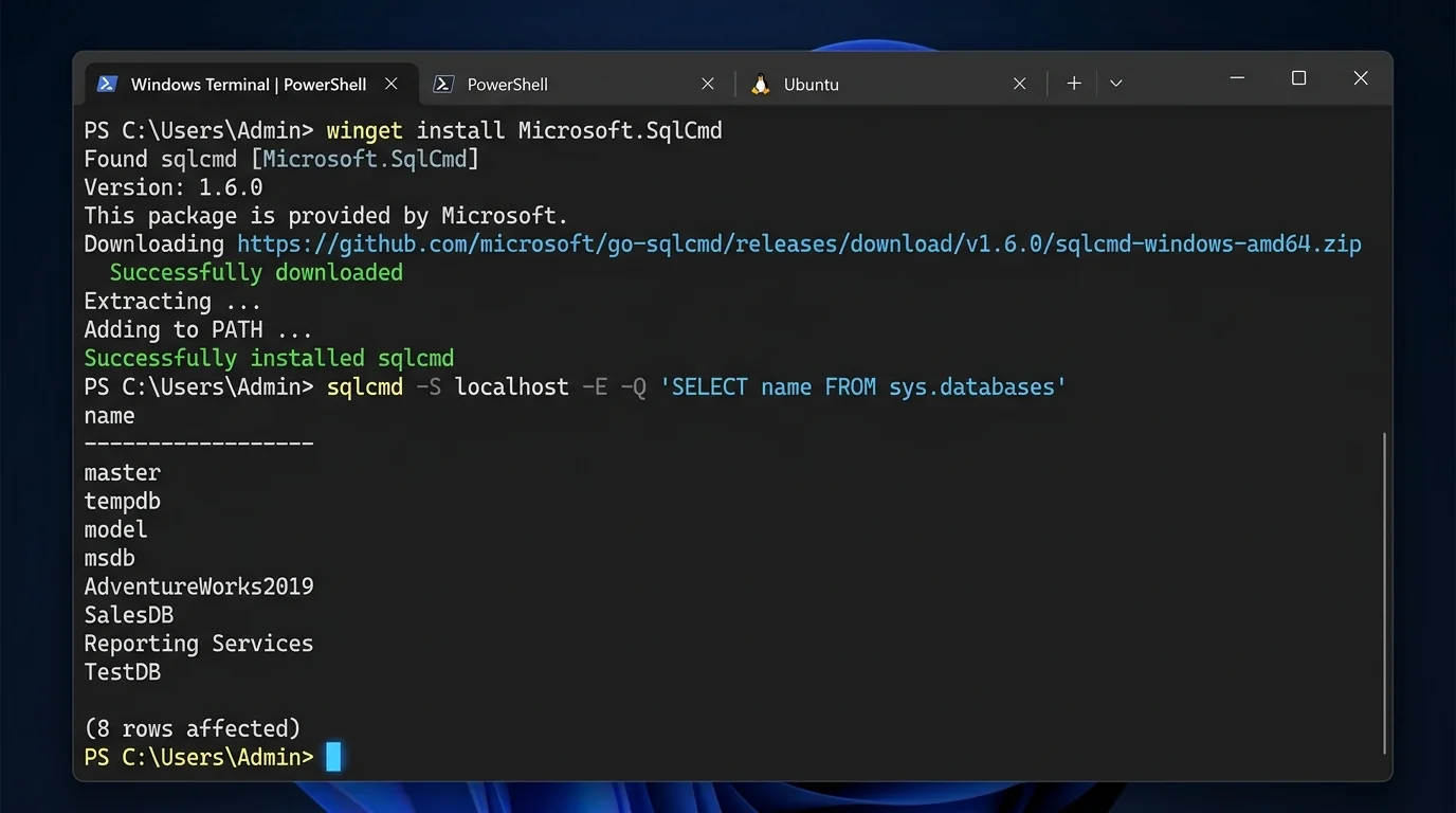 Windows Terminal running PowerShell showing winget installation of sqlcmd followed by executing query returning sys.databases table output