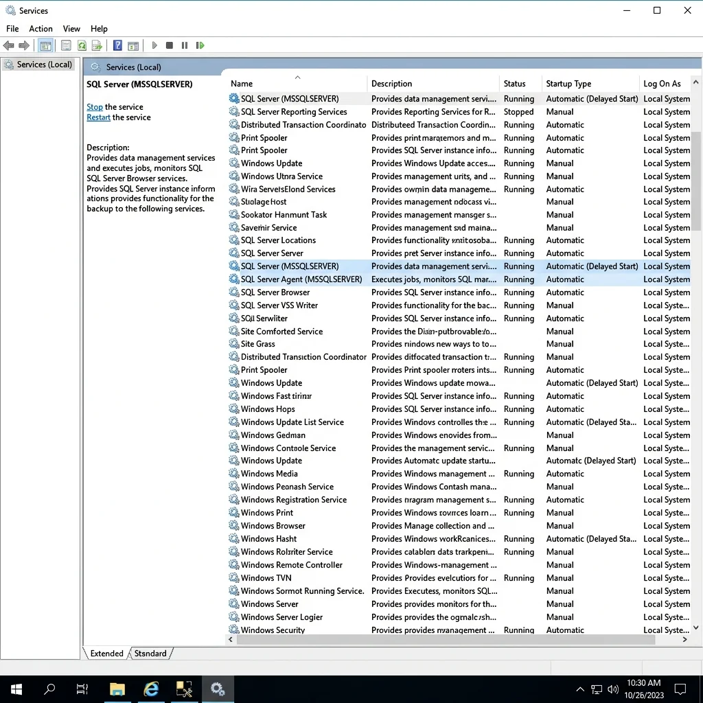 Windows Services (services.msc) showing SQL Server services with their status and startup type