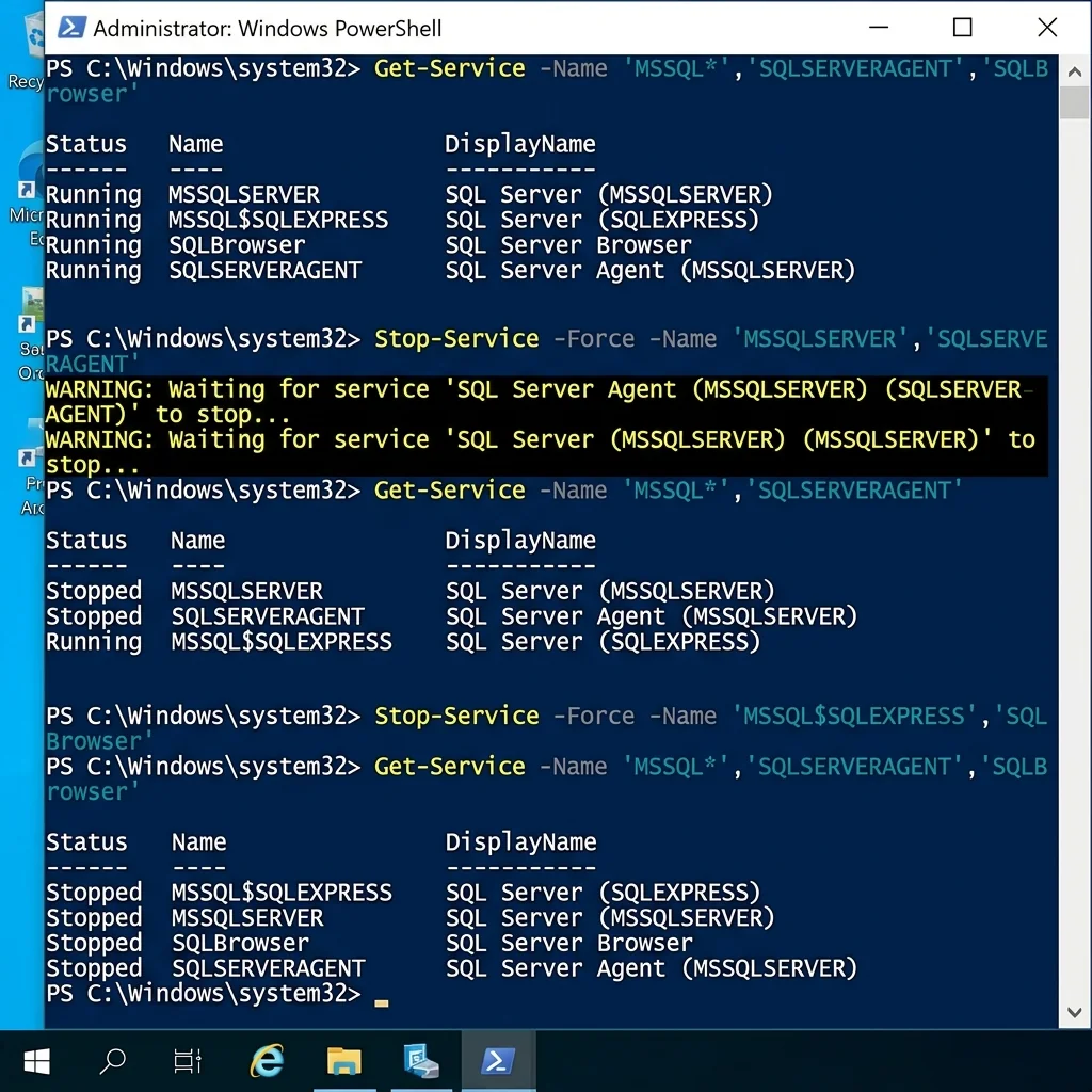 PowerShell terminal showing Get-Service and Stop-Service commands for SQL Server services with output displaying service status changes from Running to Stopped