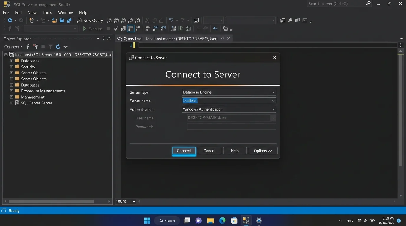 SQL Server Management Studio Connect to Server dialog showing localhost server name and Windows Authentication over Object Explorer