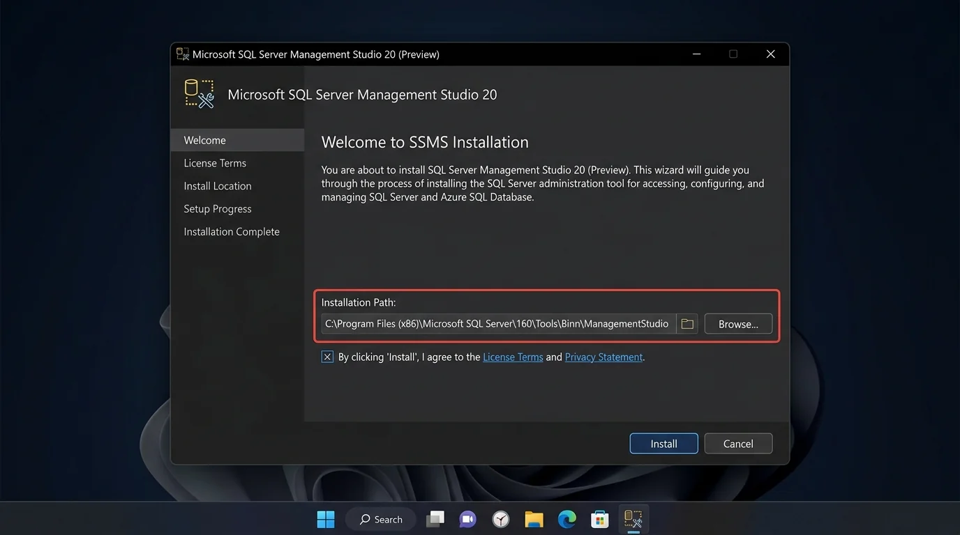 Installing SQL Server Management Studio wizard on Windows 11 showing setup location and Install button