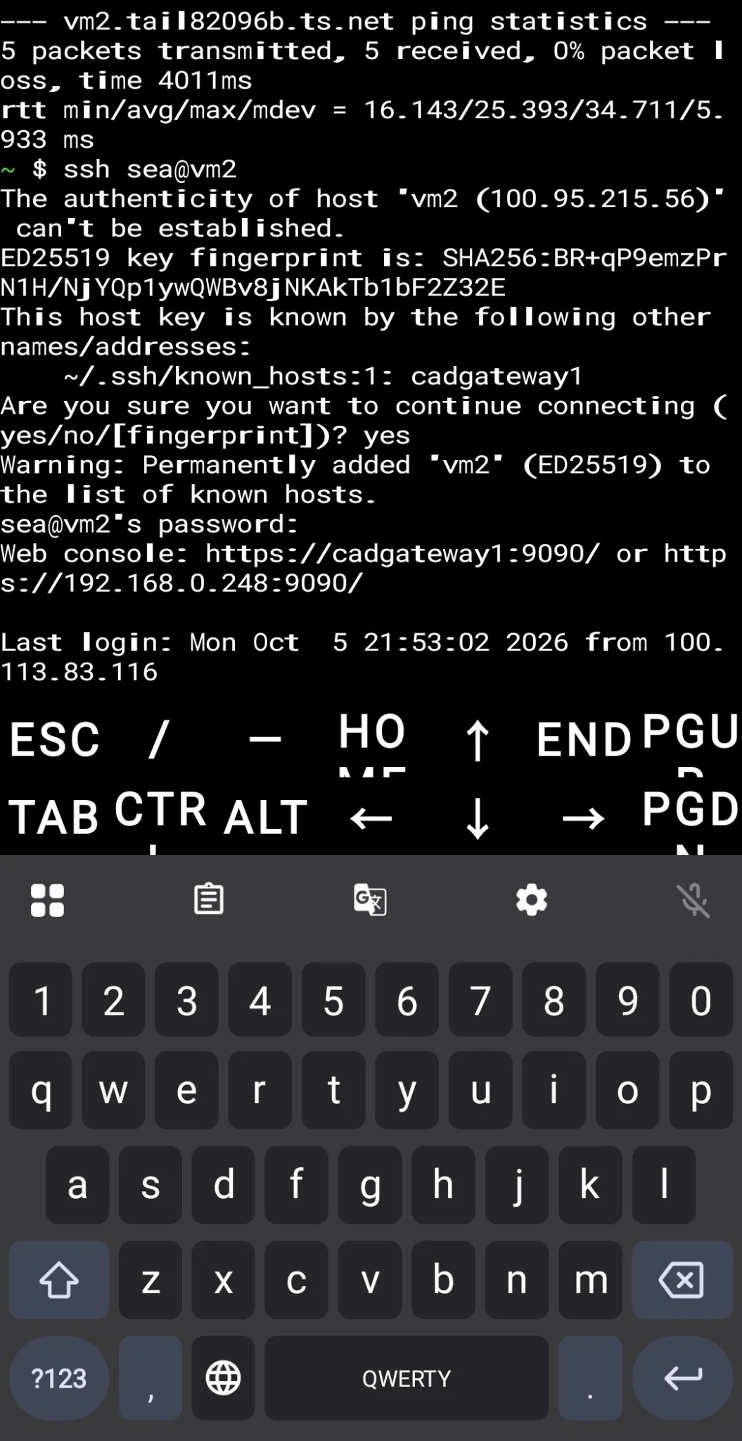 Termux SSH session to vm2 from Android
