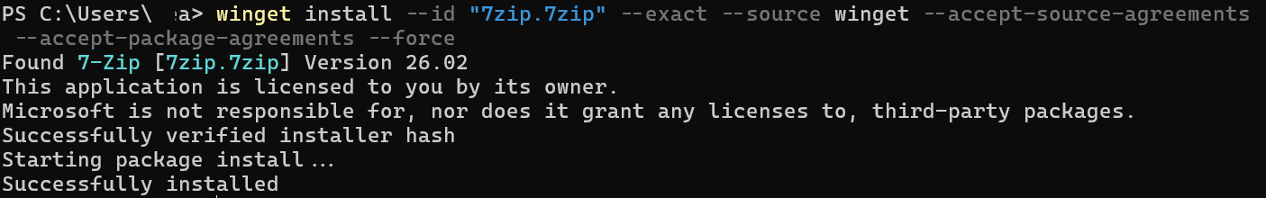 winget successfully reinstalls 7-Zip after resolving error 1618